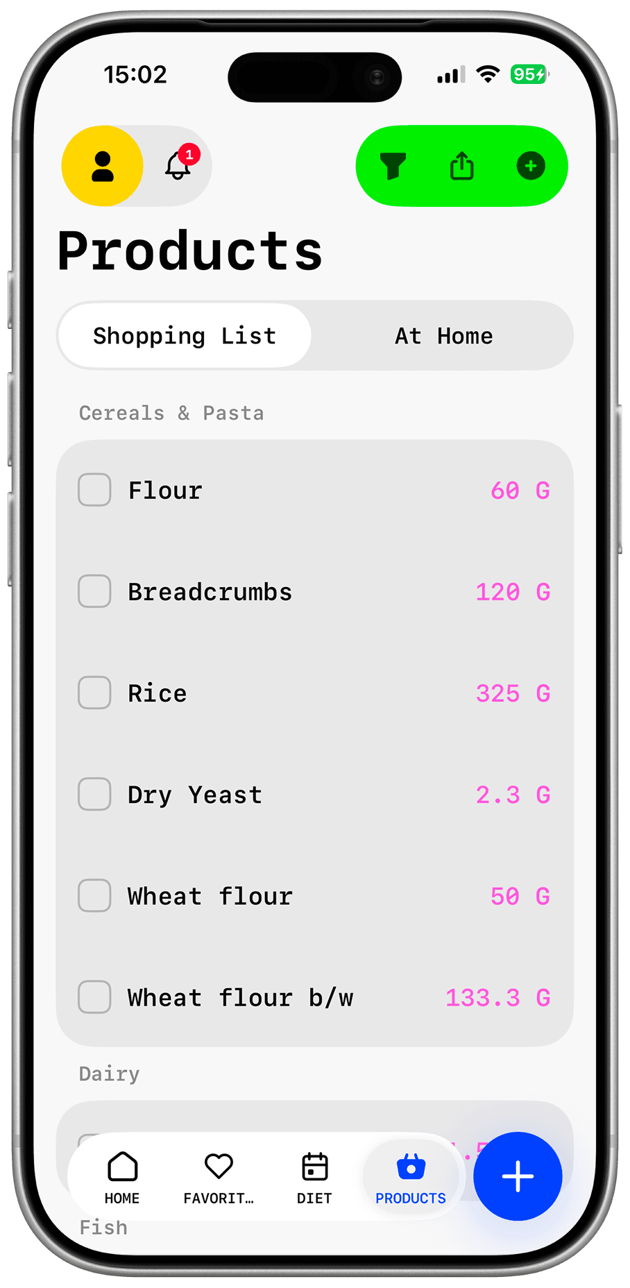 Dishday grocery list on an iPhone screen