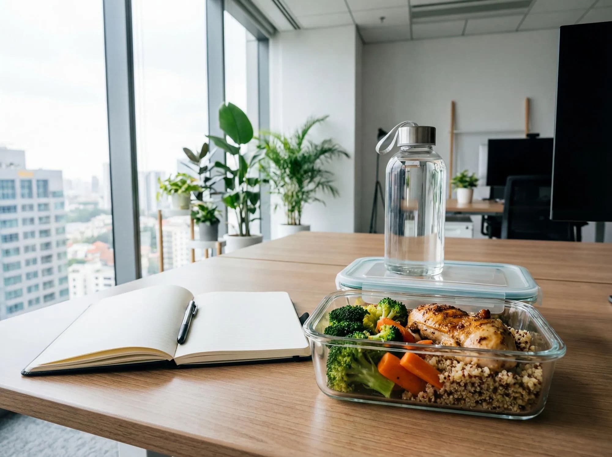 Contenitore per il pranzo su una scrivania vicino a un taccuino