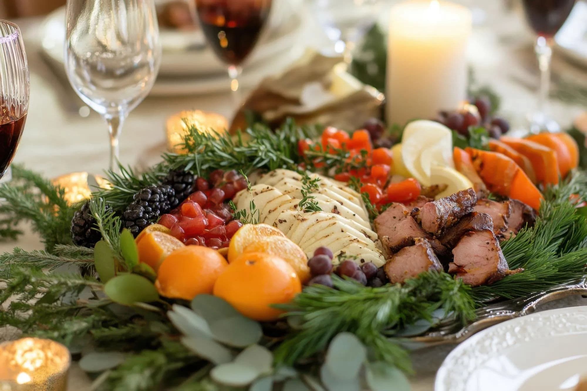 Plateau apéritif de fête avec fruits fromages et bouchées salées