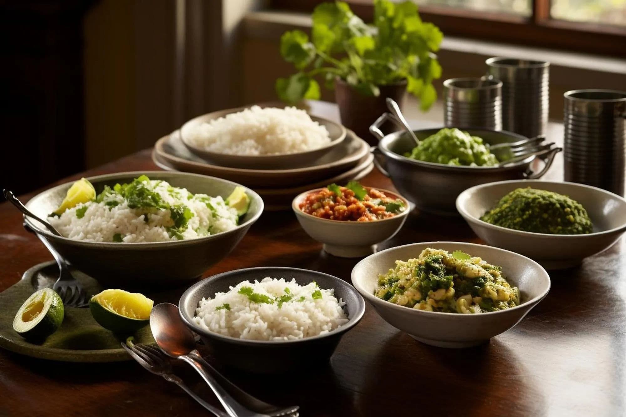 Riz cuit servi avec plusieurs plats de légumes