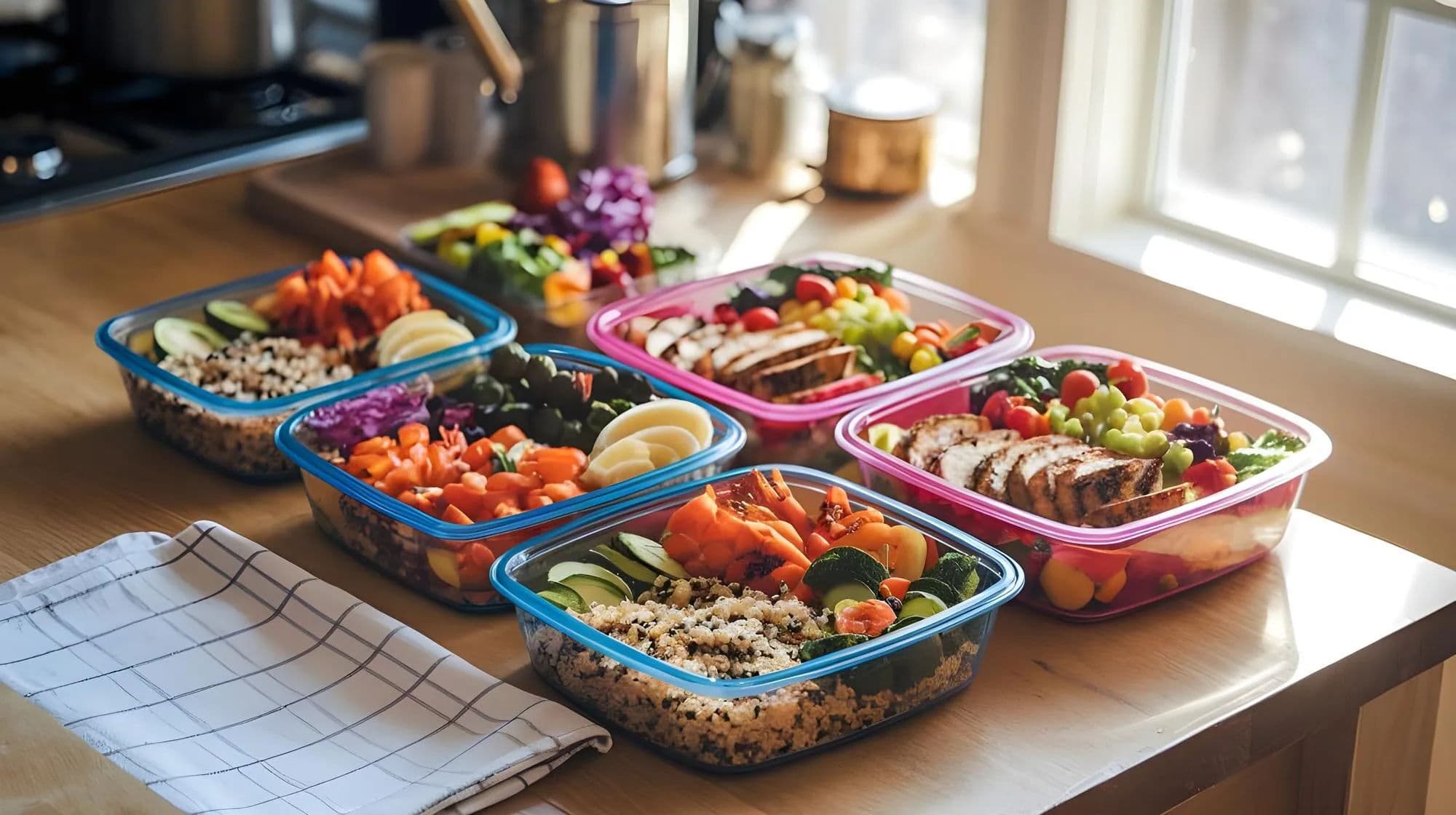 Assorted cooked foods portioned into containers on a home kitchen table